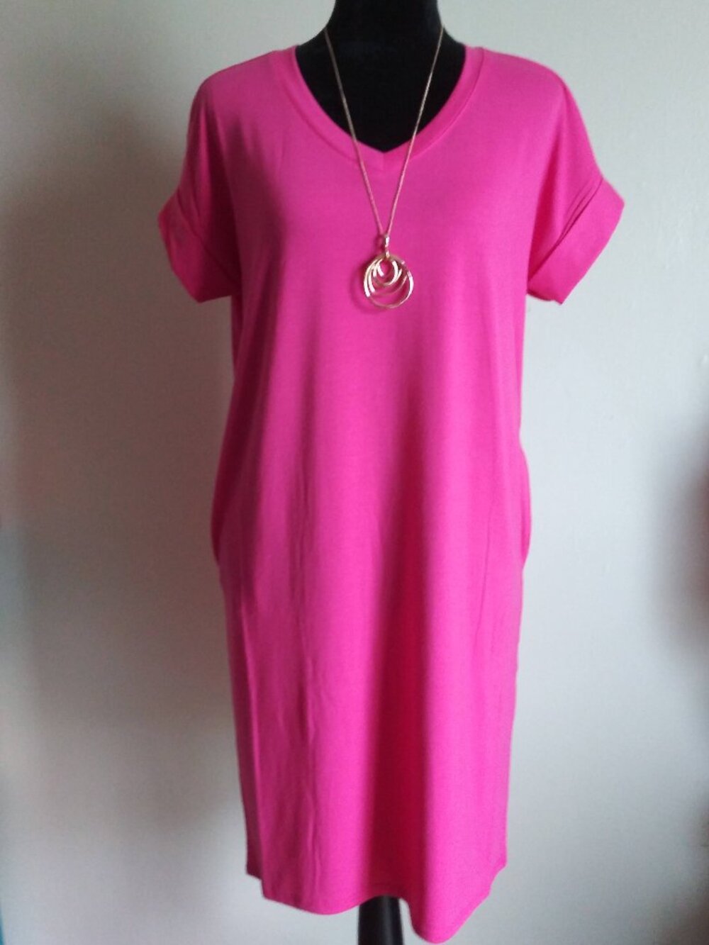 New Boutique Hot Pink T-Shirt Dress | Casual V-Neck Shift Dress